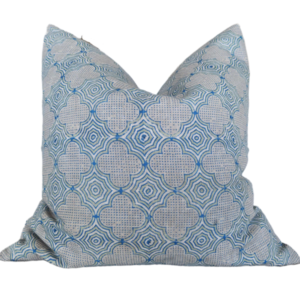 Candi Dasa Artisan Block Printed Heavy Weight Pure French Linen Cushion 55cm Square - Electric Blue/Sage Green