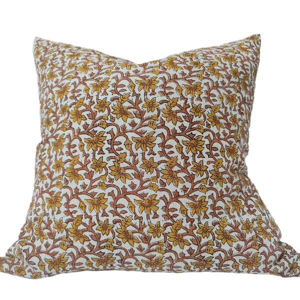 Jaipur Artisan Block Printed Heavy Weight Pure French Linen Cushion 55cm Square - Mughal Flower
