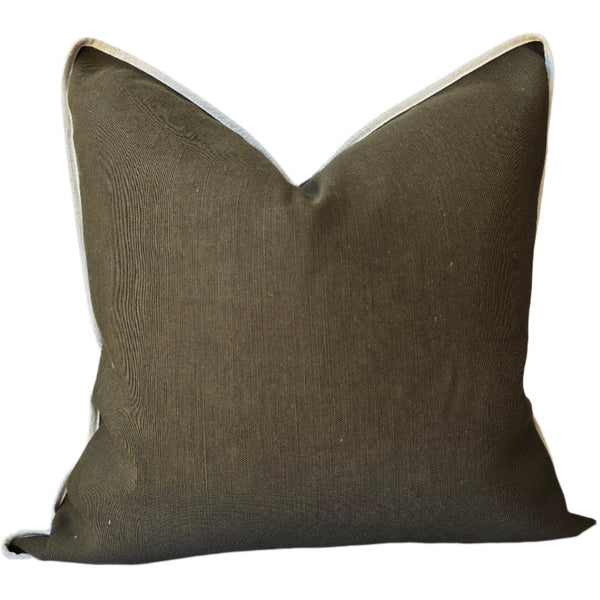 RESTOCK MID NOV - Reine Heavyweight Linen Cushion 55cm Square - Army Green | Off White Border
