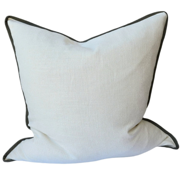 RESTCOK MID NOV - Reine Heavyweight Linen Cushion 55cm Square - White | Army Green Border