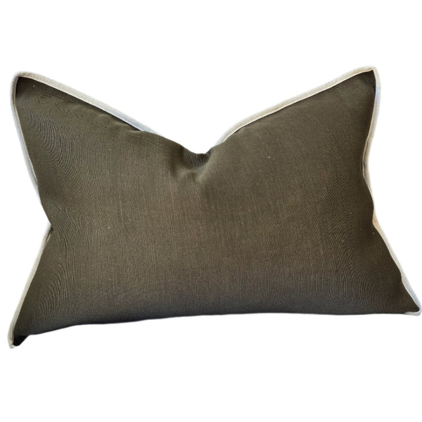 LAST ONE - Reine Heavyweight Linen Cushion 40x60cm Lumbar - Army Green | Off White Border