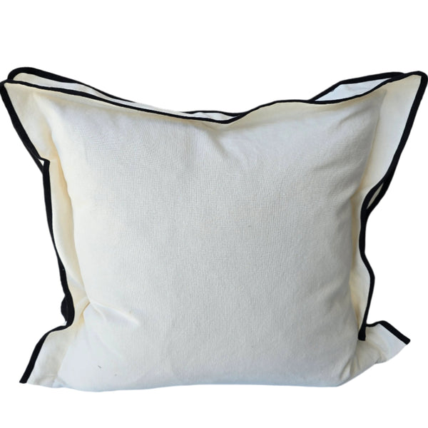 Layla Linen Cotton Cushion 55cm Square - White | Black Piping