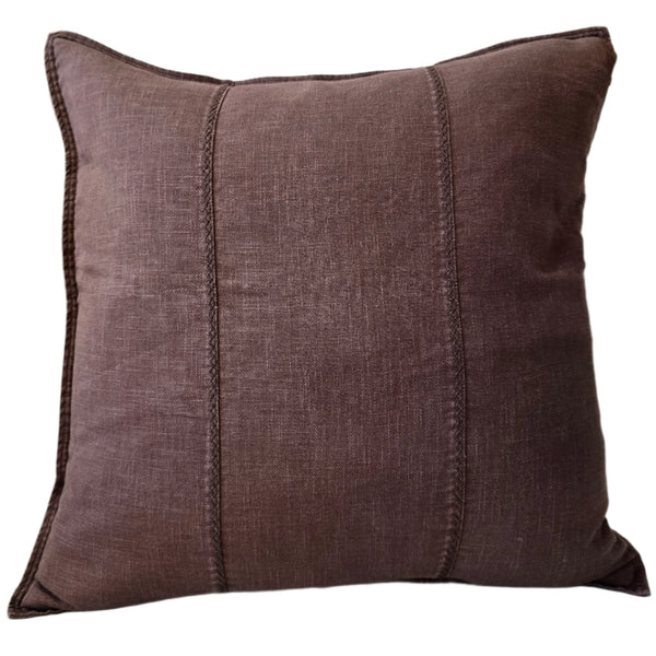 LAST ONE - Eveleigh Stonewashed Linen Cotton Cushion 55cm Square - Chocolate Brown | Embroidery Double Striped
