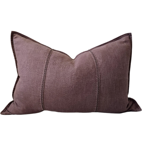 Eveleigh Stonewashed Linen Cotton Cushion 40x60cm Lumbar - Chocolate Brown | Embroidery Double Striped