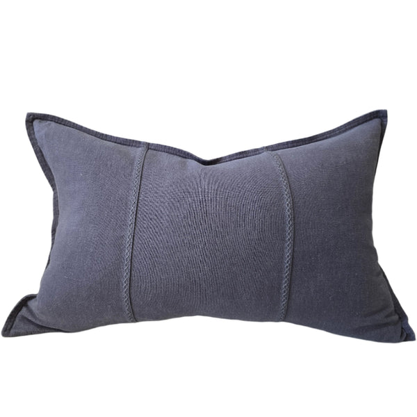 LAST ONE - Eveleigh Stonewashed Linen Cotton Cushion 40x60cm Lumbar - Cornflower Blue | Embroidery Double Striped