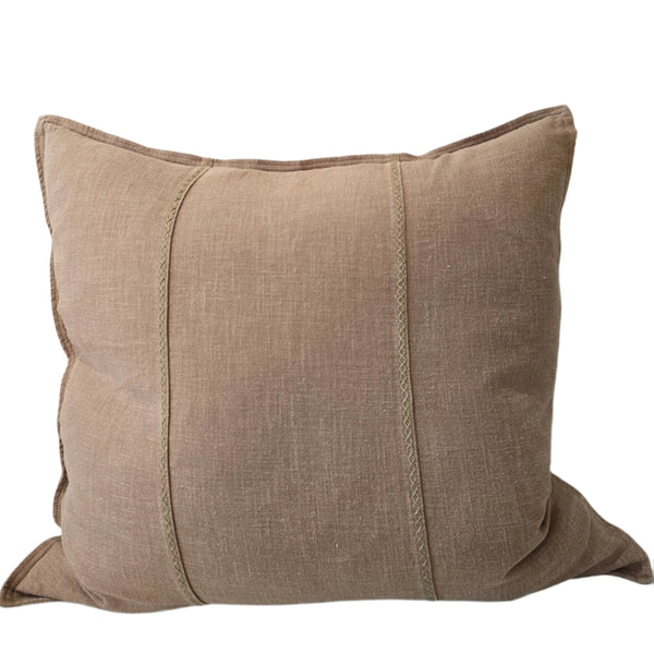 RESTOCK MID NOVEMBER | Eveleigh Stonewashed Linen Cotton Cushion 55cm Square - Stone  | Embroidery Double Striped