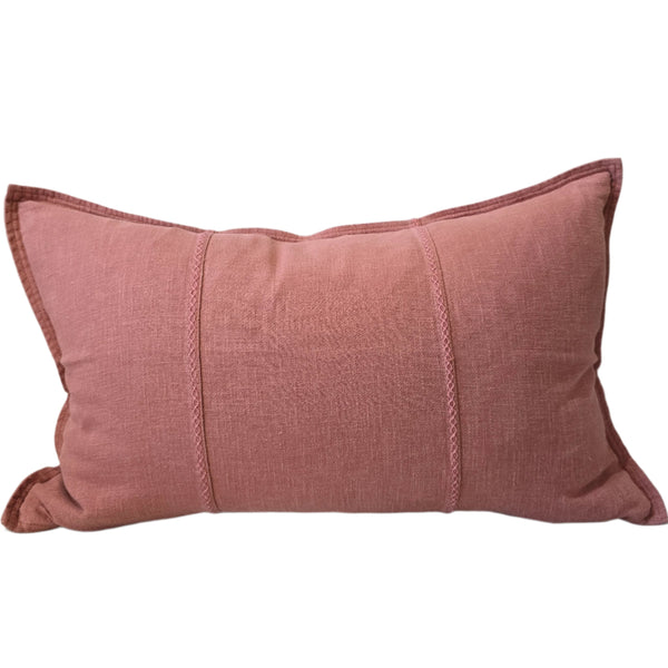 LAST ONE - Eveleigh Stonewashed Linen Cotton Cushion 40x60cm Lumbar - Rose Pink | Embroidery Double Striped