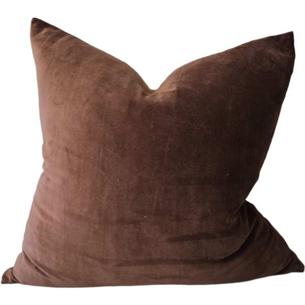 LAST ONE - Fontainebleau Cotton Velvet & French Linen Two Sided Cushion 55cm Square - Pinecone Brown