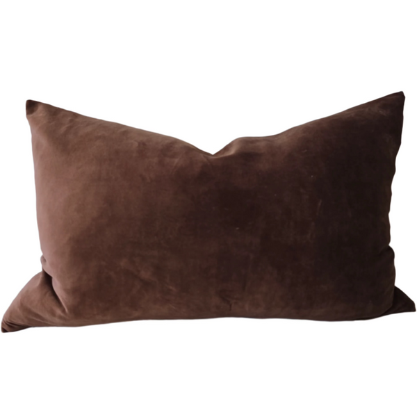 LAST ONE - Fontainebleau Cotton Velvet & French Linen Two Sided Cushion 40x60cm Lumbar - Pinecone Brown