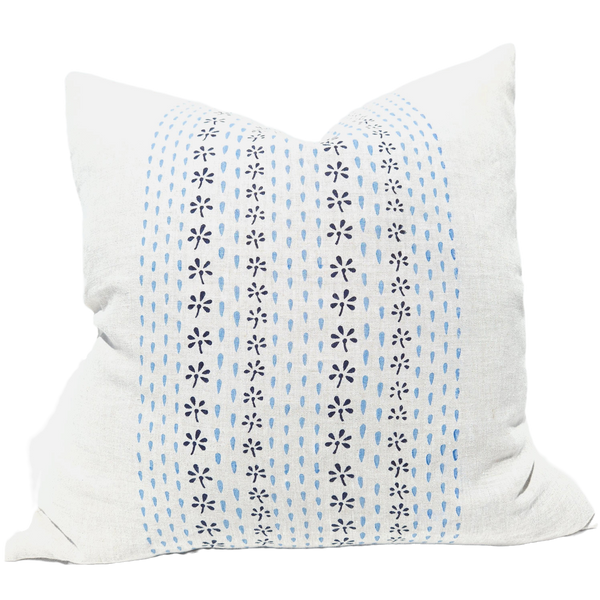 The Outback Artisan Block Printed Heavy Weight Pure French Linen Cushion 55cm Square - Raindrop Pageant Blue