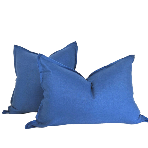 Provence Heavy Weight Pure French Linen Cushion in Two Sizes - Plush Feather Filled - Atlantic Blue
