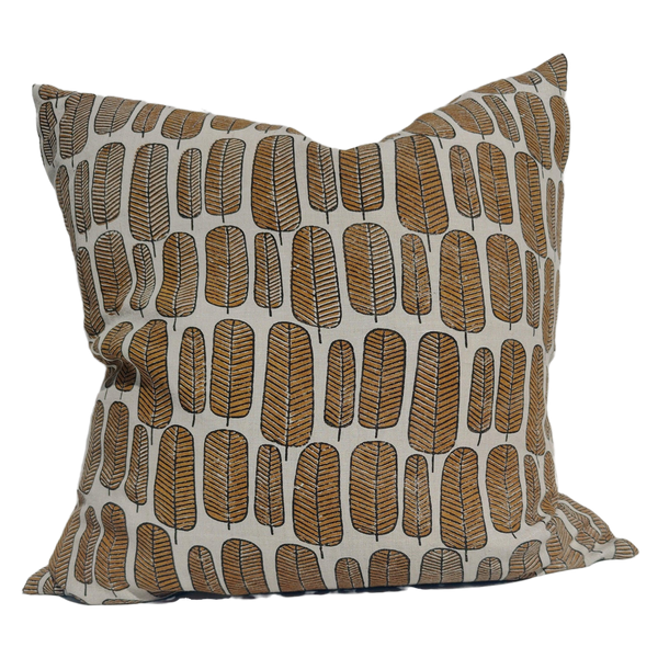 RESTOCK SOON - Enchanted Forest Finch Feather Artisan Block Printed Heavy Weight Pure French Linen Cushion 55cm Square - Deep Orchre
