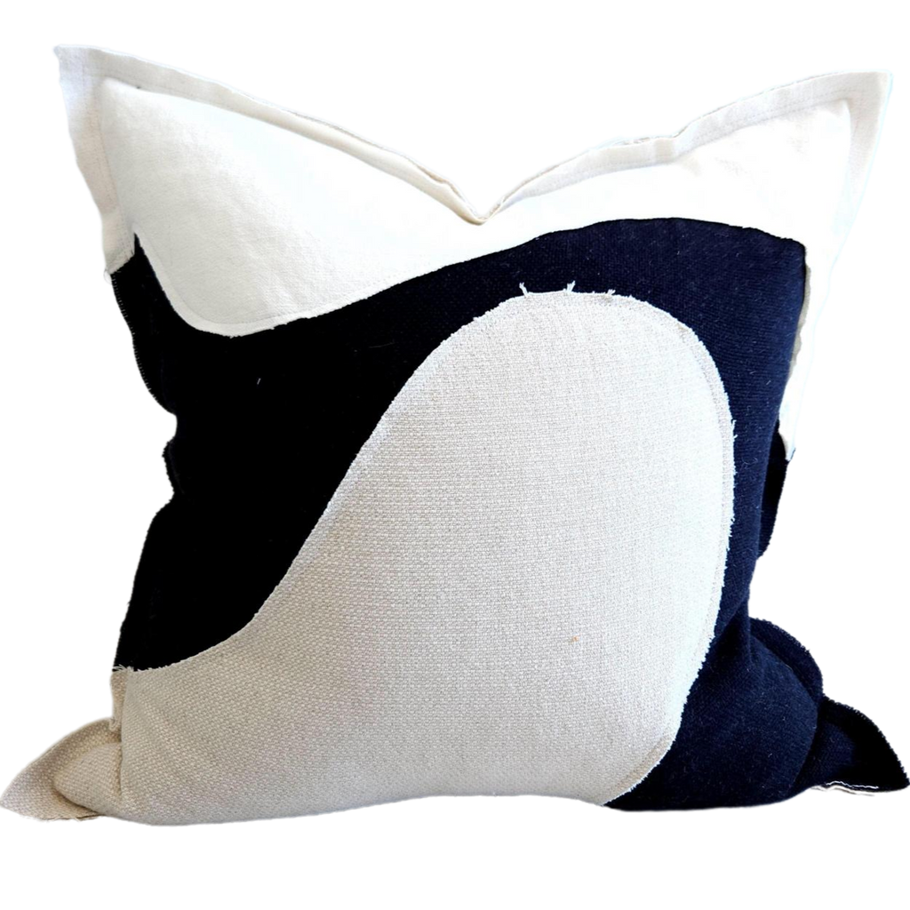 Serchio River Patchwork Linen Cotton Cushion 55cm Square -  Black & White