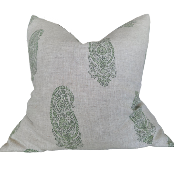 Candi Dasa Artisan Block Printed Heavy Weight Pure French Linen Cushion 55cm Square - Paisley Green