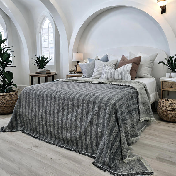 Aurelia Linen Cotton Heavyweight Jacquard Bed Cover Massive Blanket 245cm x 250cm - Blue Grey