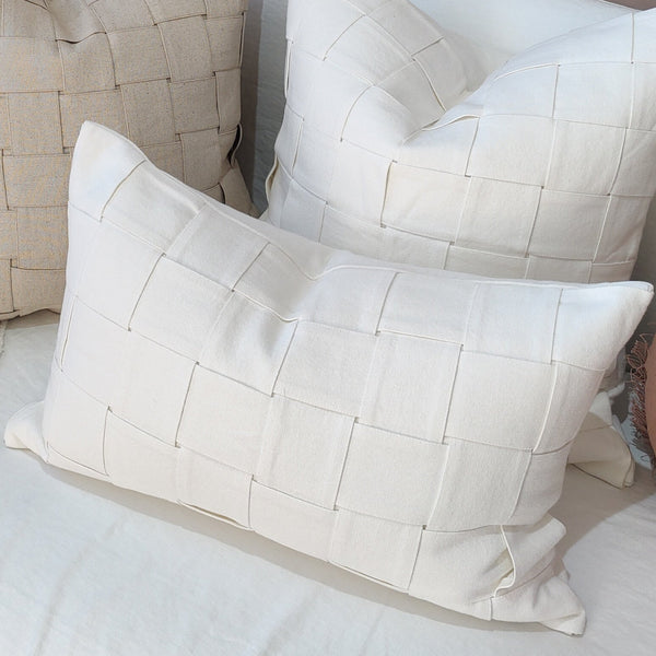 Shabby Chic Heavy Weight French Linen Cotton Cushion Feather Filled 40x60cm Lumbar - Intertwined White