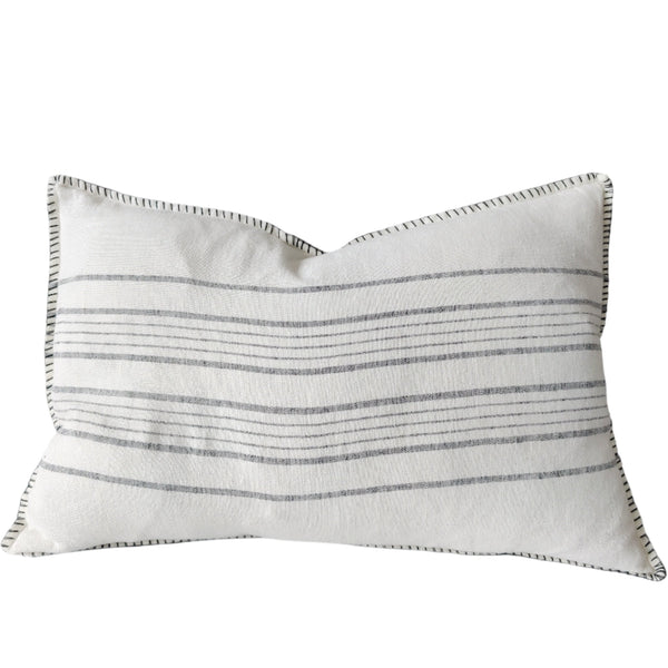 Zoey Pure French Linen Cushion 40x60cm Lumbar - Off White | Blue with Blanket Stitch Edge