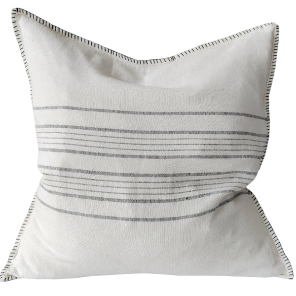 Zoey Pure French Linen Cushion 55cm Square - Off White | Blue with Blanket Stitch Edge