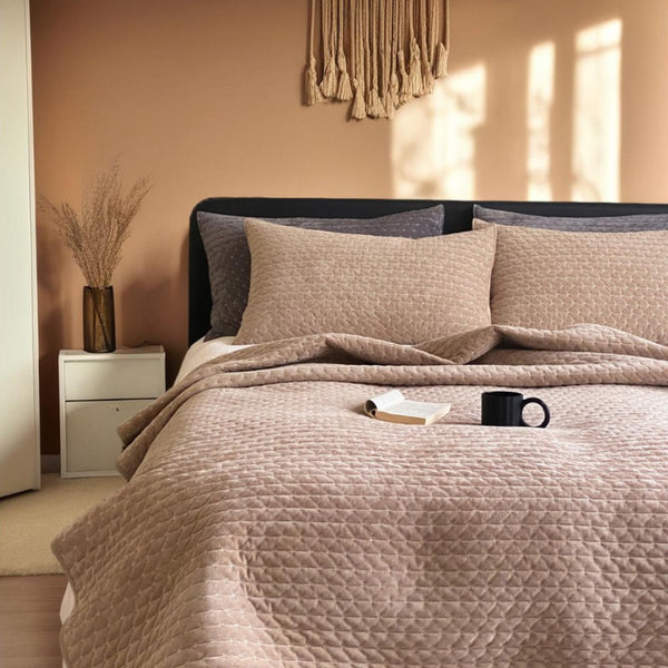 LAST ONE - Sardinia Cross Stitched Velvet Bedspread Coverlet Set 230cm x 245cm + 2 Pillowcases | Nude Pink
