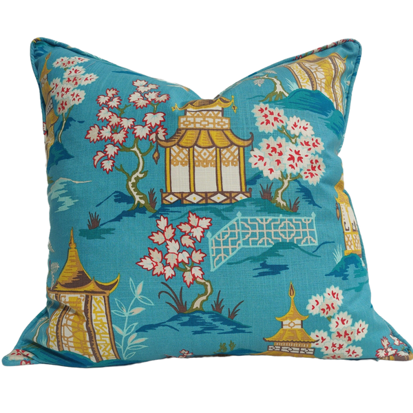 Designer Fabric Linen Cushion 55cm Square Feather Filled-Chinoiserie Cherry Blossom