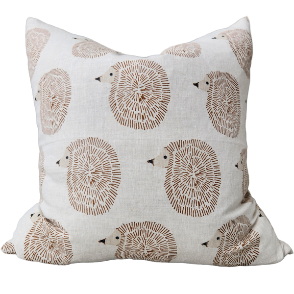 Artisan Block Printed Heavy Weight Pure French Linen Cushion 55cm Square - Hedgehog