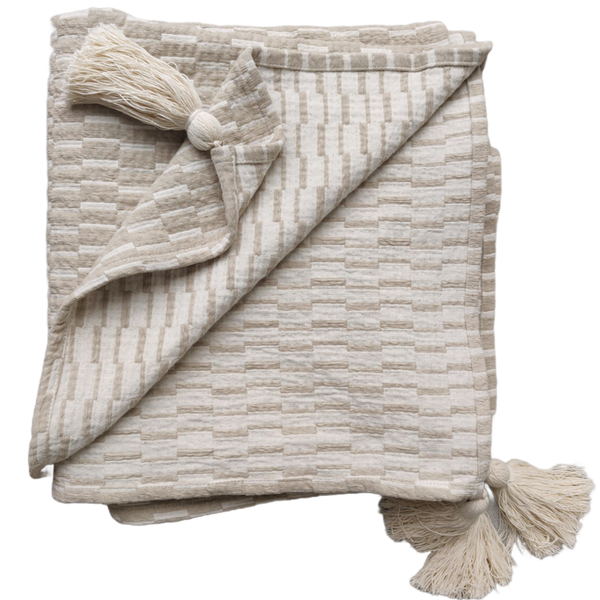 Mosaic Jacquard Double Sided Linen Cotton Massive Throw 220x150cm | Mocha with Tassel