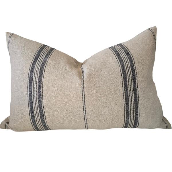 Campbell Heavy Weight Earthiness French Linen Striped Cushion  40x60cm Lumbar - Natural | Black Striped