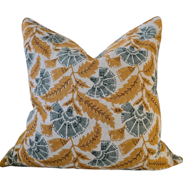 Danica Artisan Block Printed Heavy Weight Pure French Linen Cushion 55cm Square - Taffy | Bone Brown | Agave Green | Green Mileu