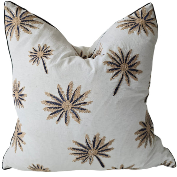 Palm Tree Embroidery Cotton Cushion 55cm Square - Off White