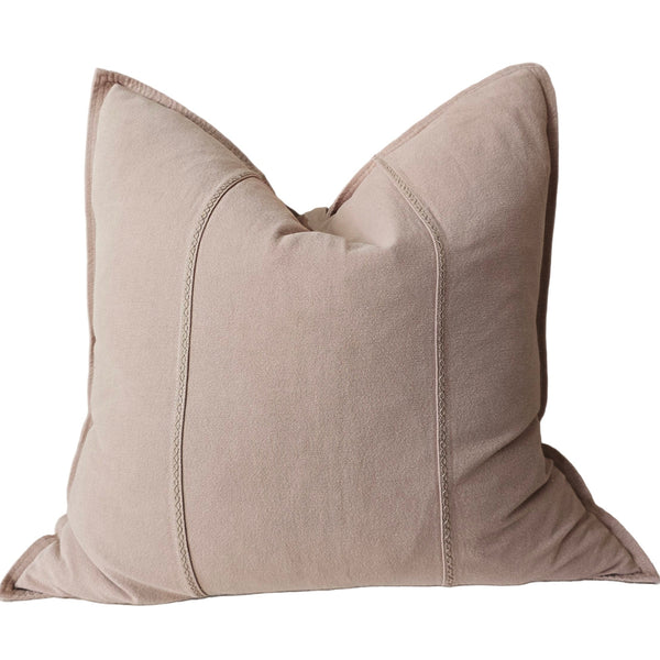RESTOCK MID NOV - Eveleigh Stonewashed Linen Cotton Cushion 55cm Square - Dark Nude | Embroidery Double Striped