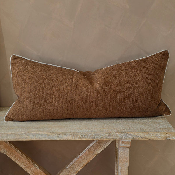 RESTOCK NOV - Hailey Linen Chenille Cushion 40x90cm Long Lumbar - Terracotta with Natural Piping
