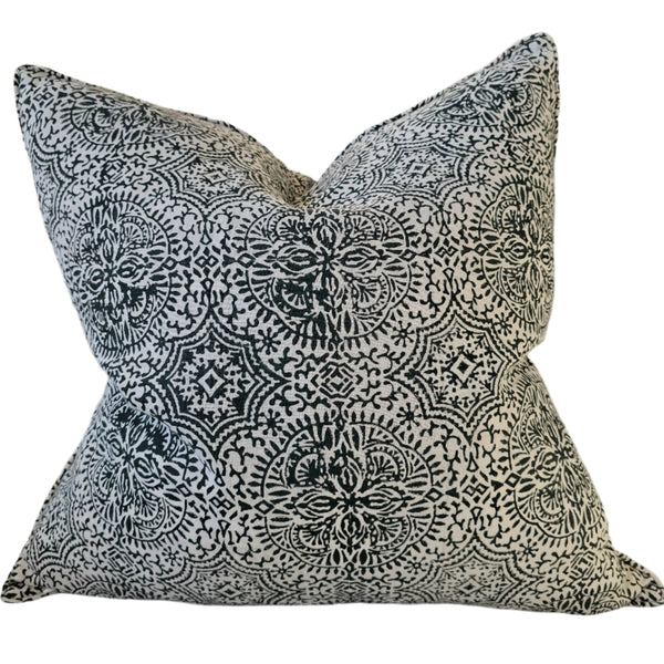 LAST ONE - Betsy Artisan Block Printed Heavy Weight Pure French Linen Cushion 55cm Square - Agave Green