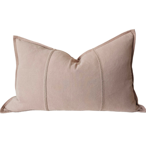 RESTOCK MID NOV - Eveleigh Stonewashed Linen Cotton Cushion 40x60cm Lumbar - Dark Nude | Embroidery Double Striped