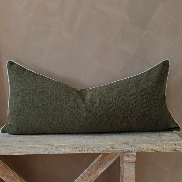 LAST ONE - Hailey Linen Chenille Cushion 40x90cm Long Lumbar - Moss Green with Natural Piping