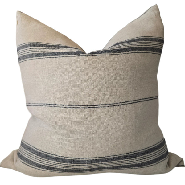 LAST ONE - Campbell Heavy Weight Earthiness French Linen Striped Cushion 55cmx55cm - Natural | Black Striped