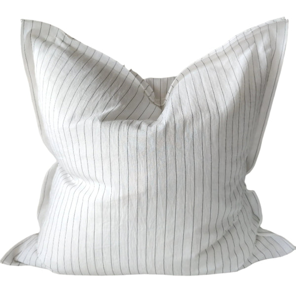 LAST ONE - Piper Linen Cotton Cushion 55cm Square - White & Black Striped with Double Edge