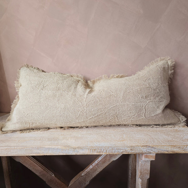 Riviera Heavy Weight Texture French Linen Fringed Edge Cushion 40x90cm Long Lumbar - Mocha