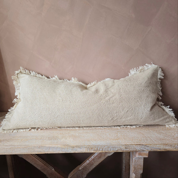 LAST ONE -  Riviera Heavy Weight Texture French Linen Fringed Edge Cushion 40x90cm Long Lumbar - Oatmeal