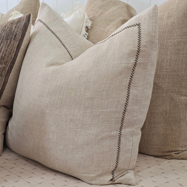 RESTOCK NOV - Delilah Herringbone Embroidery Linen Cotton Cushion 55cm Square - Natural | Brown Embroidery