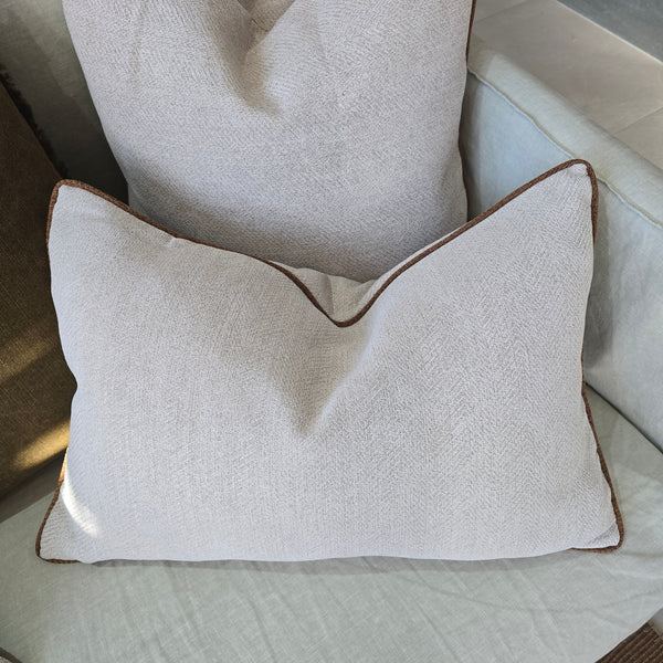 Hailey Linen Chenille Cushion 40x60cm Lumbar  - Natural with Terracotta Piping