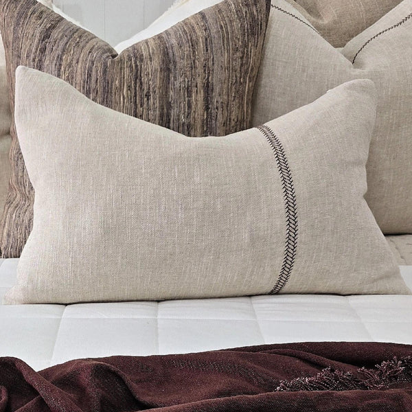 RESTOCK NOV - Delilah Herringbone Embroidery Linen Cotton Cushion 40x60cm Lumbar - Natural | Brown Embroidery