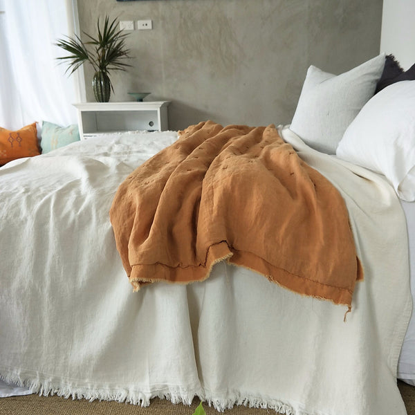 Faith Heavy Weight 100% Pure French Linen Bed Cover with Fringe Edge- Warm White