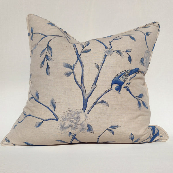 Designer Fabric by Vern Yip- Cotton Linen Cushion 55cm Square Feather Filled - Finch on Oatmeal Linen