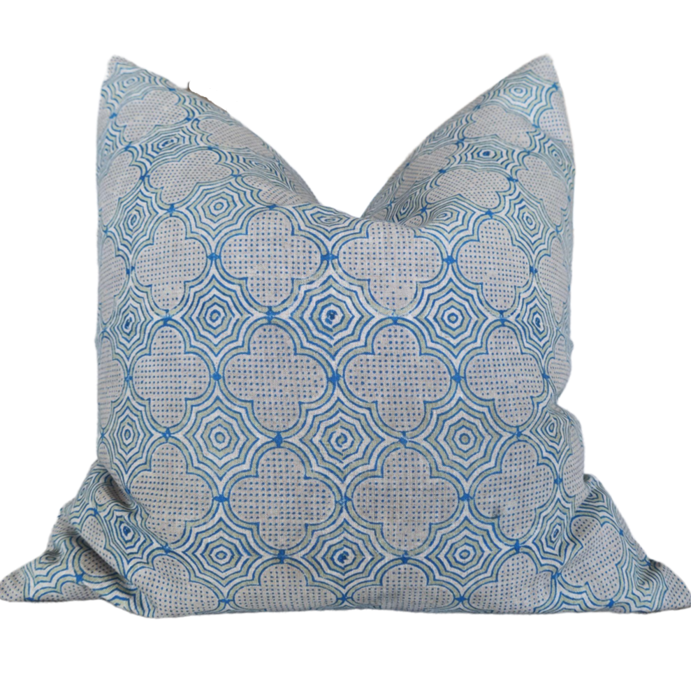 Candi Dasa Artisan Block Printed Heavy Weight Pure French Linen Feather Filled Cushion 55cm Square - Electric Blue/Sage Green