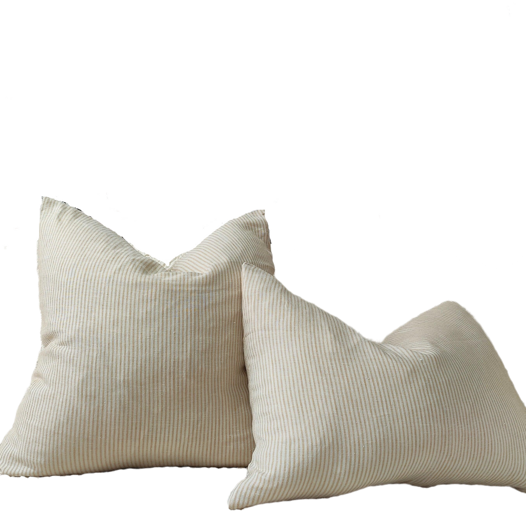 Marseille Yarn Dyed Pure French Linen Pinstriped Cushion 55cm Square or 40x60cm Lumbar Plush Feather Filled - Ginger & White Striped