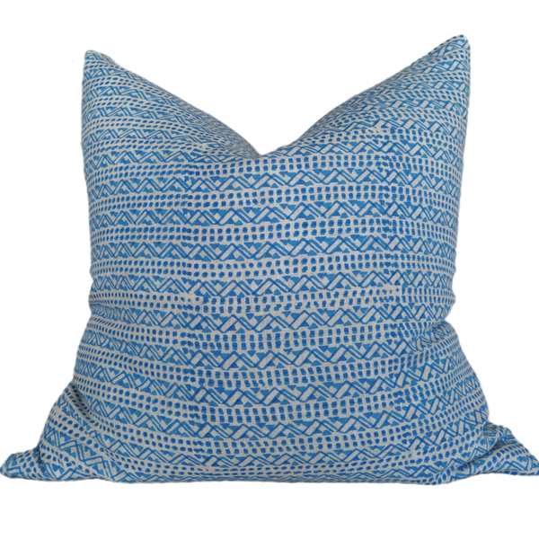 LAST TWO - Candi Dasa Sea Wave Artisan Block Printed Heavy Weight Pure French Linen Cushion 55cm Square - Electric Blue