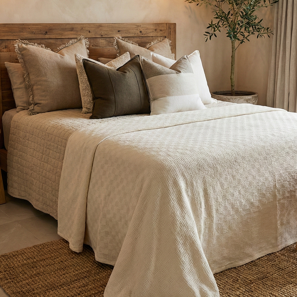 Cloud Check Chenille Bamboo Bed Cover Massive Blanket Coverlet 200cm x 230cm - Cream White