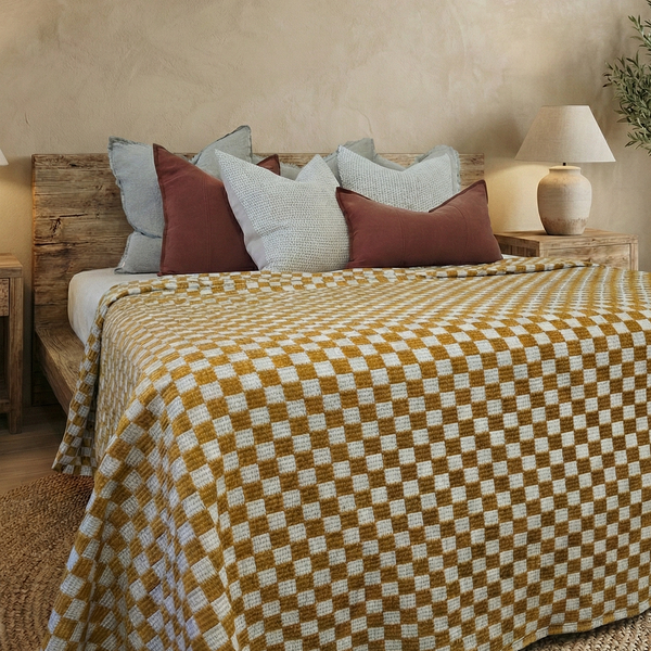 Cloud Check Chenille Bamboo Bed Cover Massive Blanket Coverlet 200cm x 230cm - Mustard/Yellow Check