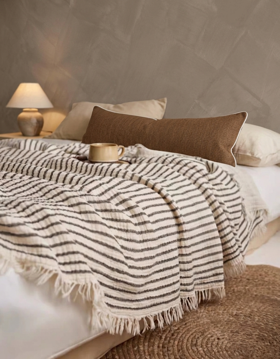PREORDER MID-END SEP DROP | Twilight Stripe Cotton Throw 150cm x 200cm - Stone Gray | Cream White