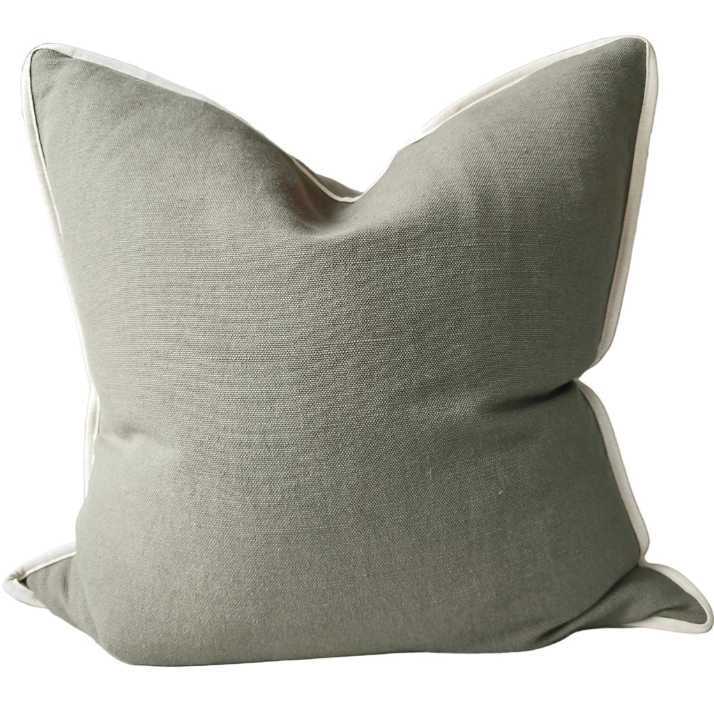 Reine Heavyweight Linen Cushion 55cm Square - Sage Green | Off White Border